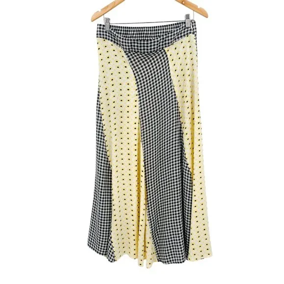 GANNI Daisy Printed Floral Crepe Paneled Maxi Skirt Gingham Yellow Flowy EU 40 - Picture 4 of 15